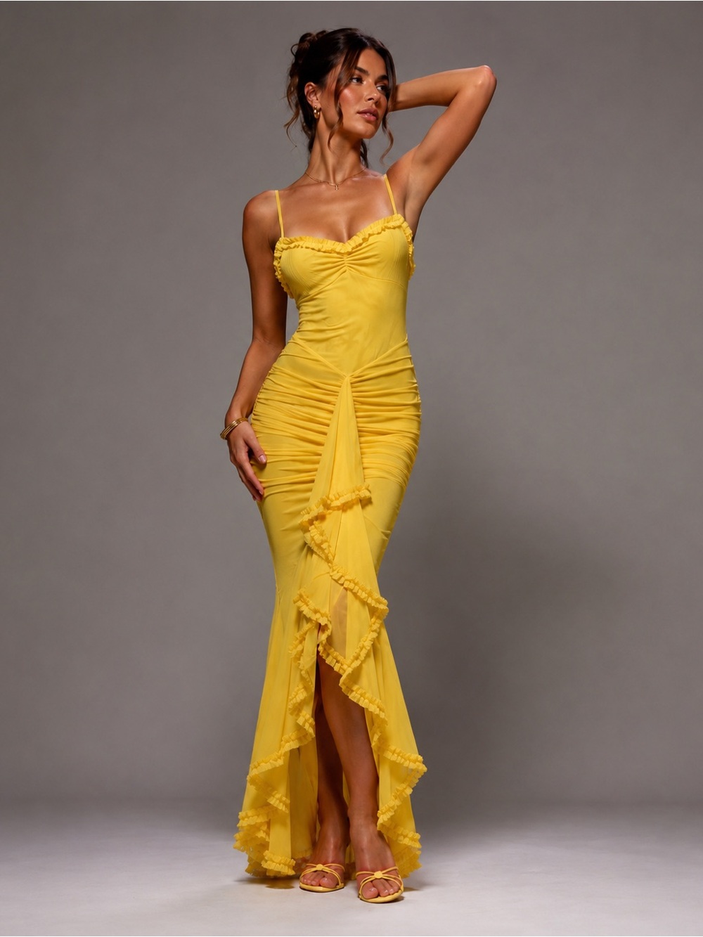 NEW - Yellow Ruffle Mesh Maxi Dress | Elegant Wedding Guest & Evening Gown